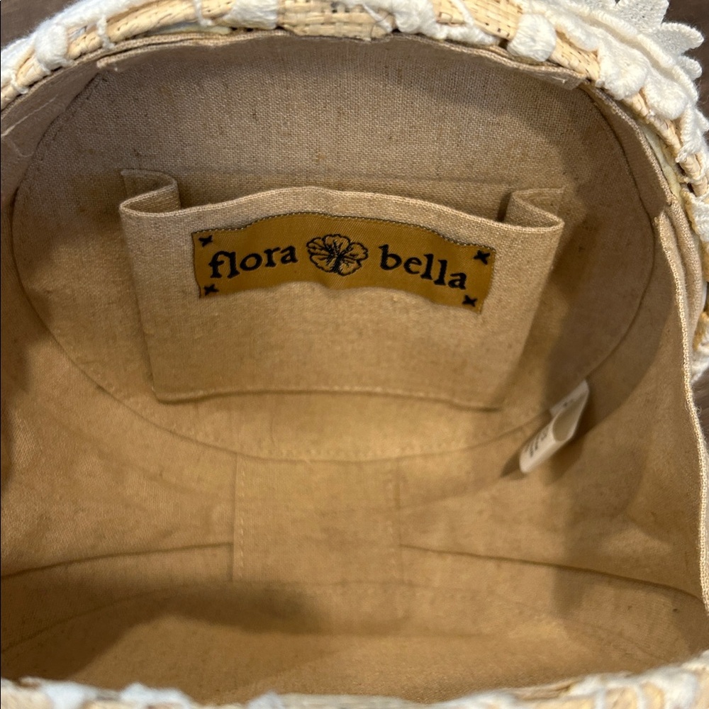 Flora Bella Crochet Appliqué Handcrafted Ivory Lace Round Straw Bag - Picture 2 of 4
